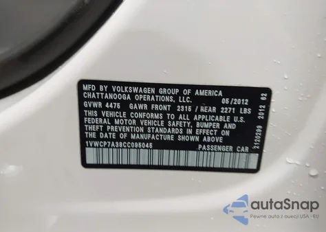 2012 Volkswagen Passat 2.5L Sel Premium z USA, uszkodzony, nr VIN 1VWCP7A38CC095045